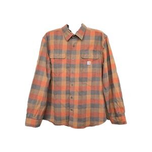 Carhartt Mens Plaid Flannel Shirt L Orange Gray Heavyweight Workwear Rugged Warm